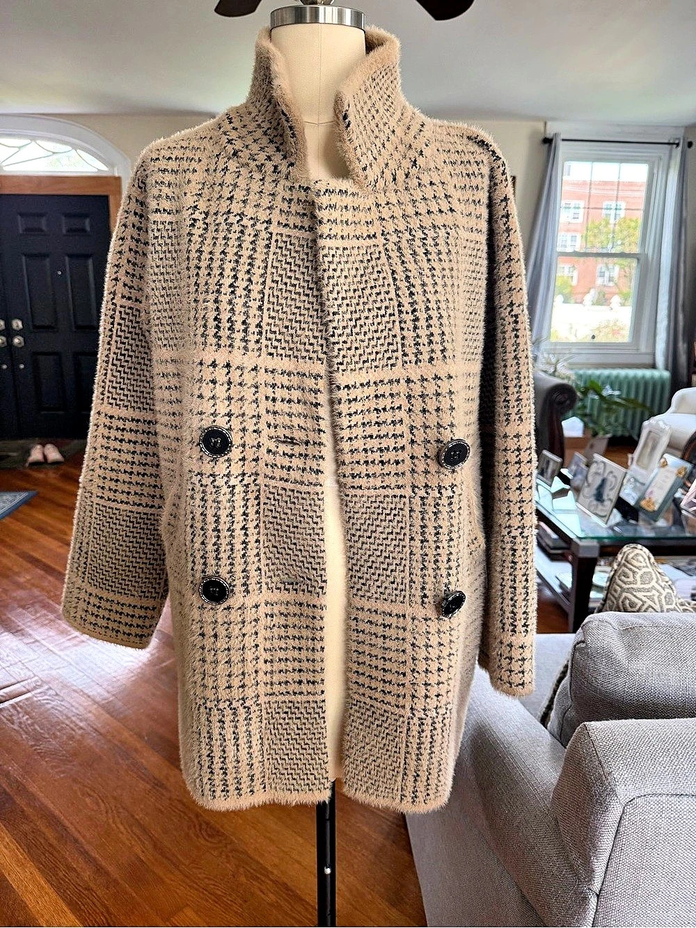 BIRCHNY Houndstooth Coat in Beige & Black Size Medium Like New